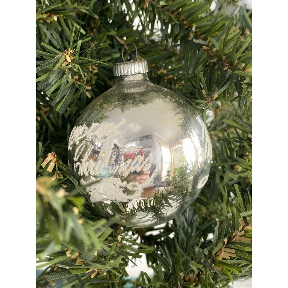 Vintage Shiny Brite Silver MERRY CHRISTMAS Mica Stenciled Ball Ornament Holiday